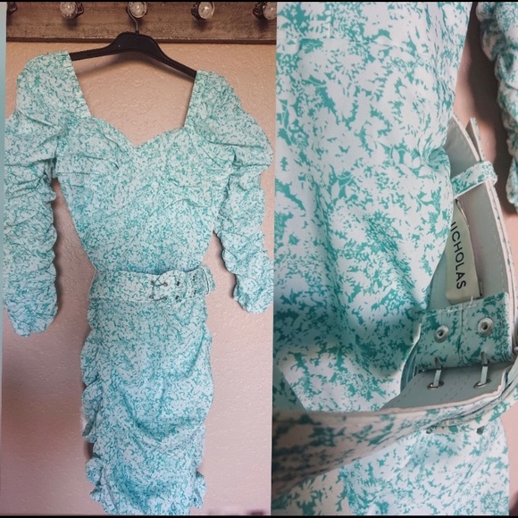 NICHOLAS Crossover Gathered Dress Aqua Floral sz 0 - Picture 6 of 11